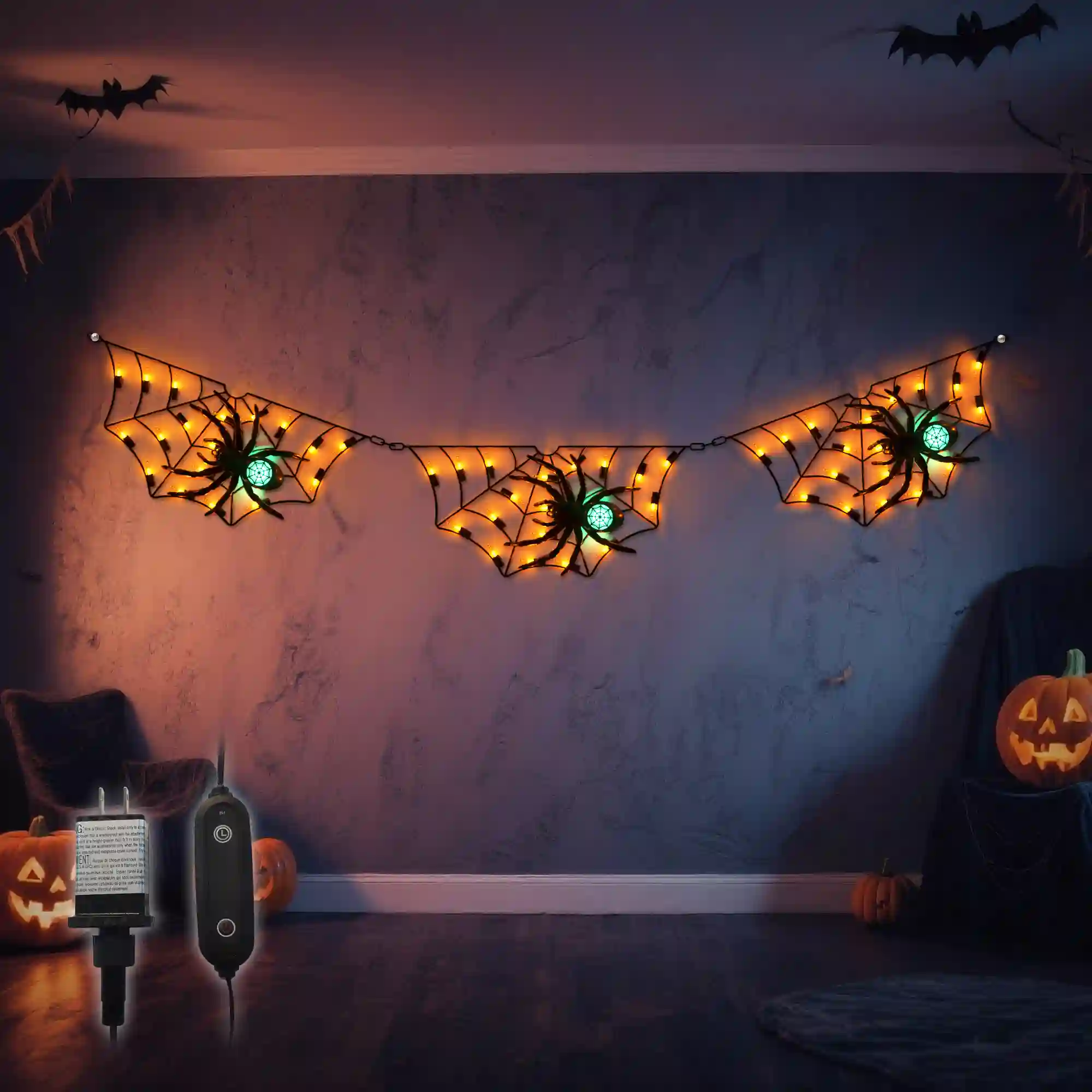 3Pcs LED Spider Web Lights for Halloween Decor Function